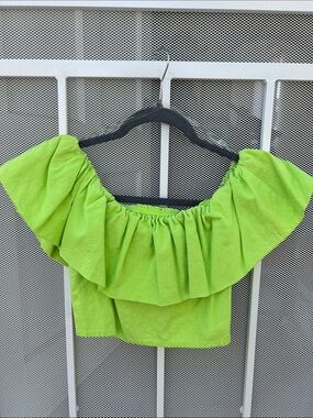Off-Shoulder Ruffle Crop Top - Lime Green